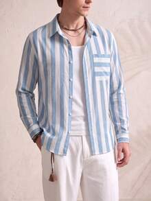 TONEVAULT Men's Casual Striped Long Sleeve Shirt - Blue and White - View 3