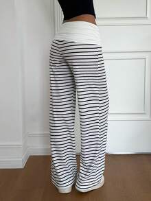 Aloruh Women's Striped Patchwork Casual Versatile Daily Travel Long Pants - Black and White - View 2