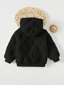 Cozy Pixies Young Boy Decorative Woven Label Hooded Long Sleeve Plaid Thermal Jacket, Thick Thermal Lined, Double-Sided Thermal, Suitable For Indoor, Outdoor Casual, Skiing, Back To School, Daily, Sports, Play, Party, Valentine's Day, Multiple Occasions - Black - View 2
