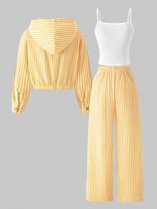 SHEIN 3件組女童套裝，連帽長袖開襟短夾克、白色細肩帶背心上衣、鬆緊腰寬鬆寬腿長褲，休閒日常穿著 - 黃色 - 查看 2