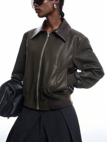 LYSMO Jaket Kasual Wanita Lengan Panjang Kulit PU Motif Blok Warna dengan Resleting Depan - Dark Green - View 7