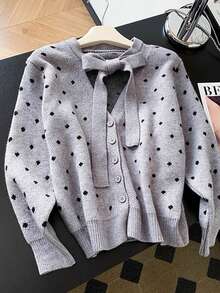 Muvela Women's Polka Dot Collar Tie Front Cardigan,Fall/Winter ,Formal ,Business ,Chic ,Back To School,Christmas,New Year ,Going Out - Multicolor - View 3