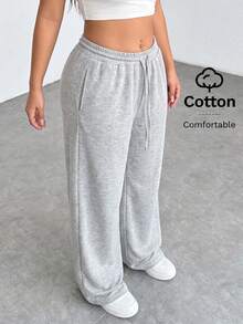 SHEIN PETITE CURVE 大尺碼純色極簡抽繩腰口袋休閒長褲 - 淺灰色 - 查看 3