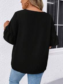 EMERY ROSE Plus Size Summer Solid Color Notched Collar Shirt With Ruffled Sleeves - Black - View 2