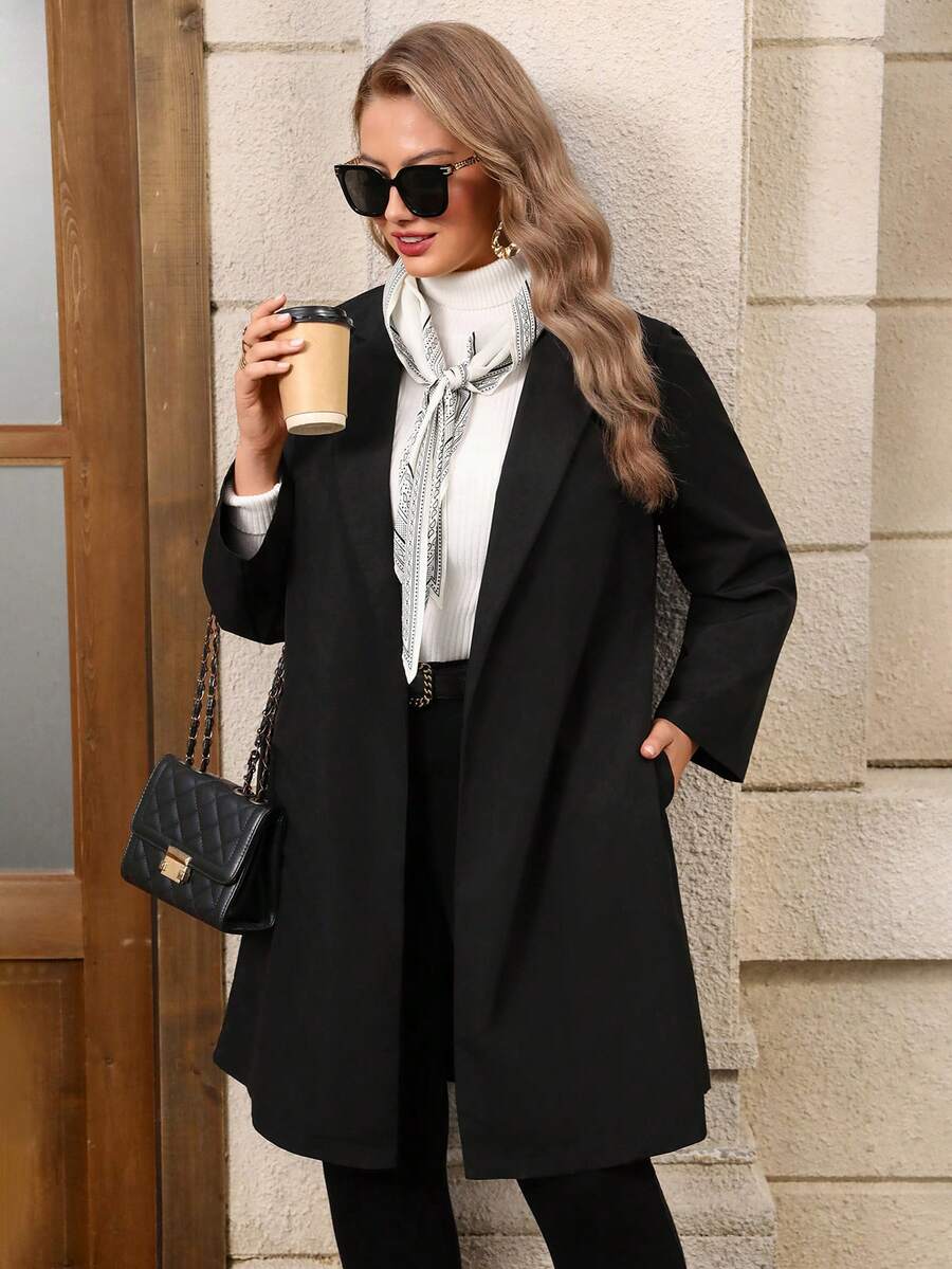 EMERY ROSE Plus Size Women's Casual Solid Color Lapel NeckLoose Fit Jacket, Autumn/Winter - Black - View 1