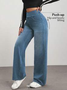 SHEIN Essnce Celana Jeans Denim Kasual Wanita Model Longgar dan Lebar dengan Saku, Warna Biru untuk Kerja dan Musim Panas - Dusty Blue - View 4