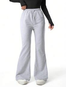 SHEIN Sparklyn Teen Girls Casual Baggy Fashion Grey Slim Fit Flare Leggings Long Pants Comfortable Knit Spring/Autumn Summer Sweatpants Cycling Work Formal - Light Grey - View 4