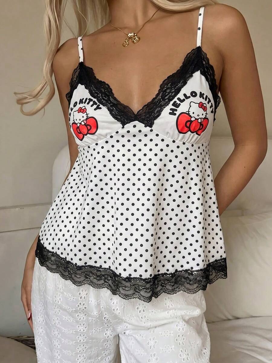 CovetEZ HELLO KITTY AND FRIENDS | SHEIN 休閒簡約可愛聯名卡通對比蕾絲裝飾細條紋女款背心，適合春夏穿著 - 彩色 - 查看 1