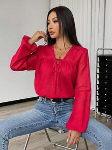 SHEIN 女款秋季休閒純色前綁帶襯衫 - 紅色 - 查看 4
