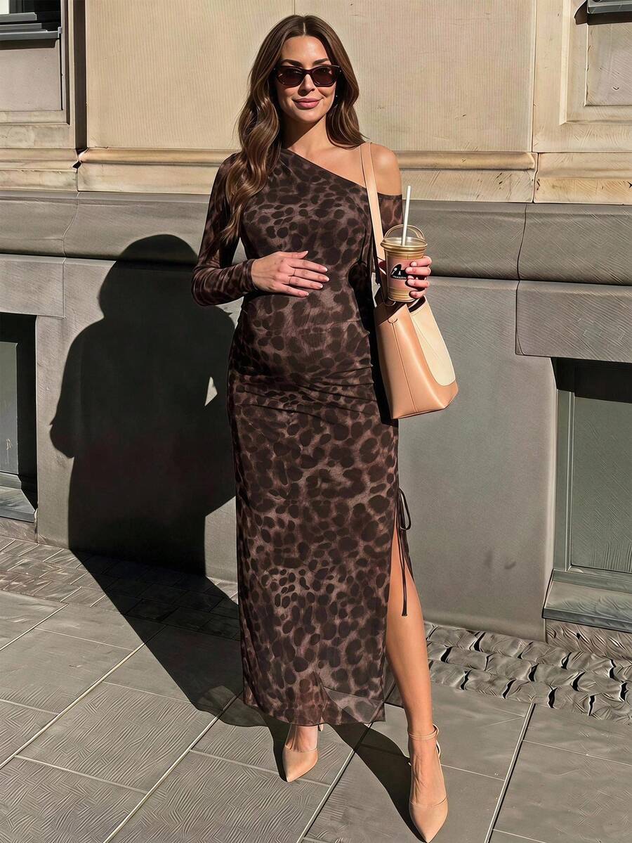 SHEIN Maternity Fashion Sexy Leopard Print Asymmetric Neck Side Slit Dress Winter - Brown - View 1