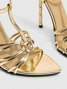 CUCCOO SZL Golden Spiral Heel, Classic T-Band With Stable Structure And Modified Instep, Visually Thin. Strap Weaving Delicacy, Party, Commute, Dating, Pointed V - Gold - View 5