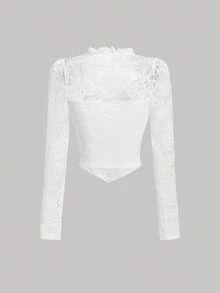 SHEIN MOD Lace Floral Patchwork Long Sleeve Women's Top - White - View 3