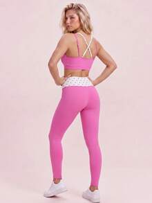 Sovereign Charm Women's Polka Dot Patchwork Camisole & Leggings Sports Set - Hot Pink - View 2