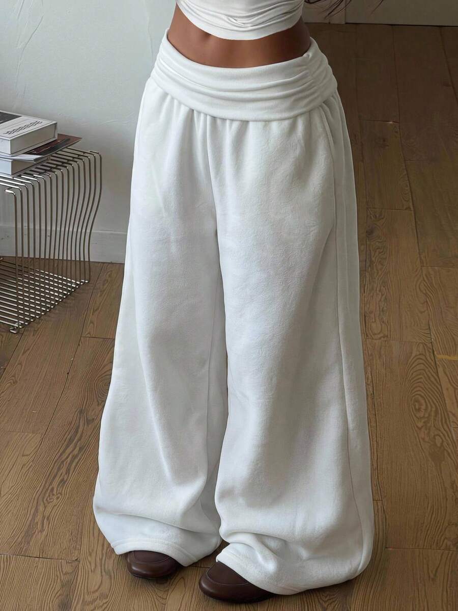 SHEIN 青少年女孩針織白色腰帶抓皺寬鬆寬腿休閒運動長褲 - 白色 - 查看 1