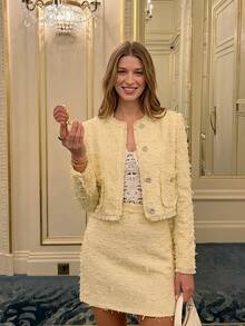 Enchnt Premium Pre-Fall Romantic Women's Elegant Pale Yellow Tweed Frayed Pearl Buttons Jacket,Office Outfits For Women,Going Out Outfits,Social - Yellow - View 9