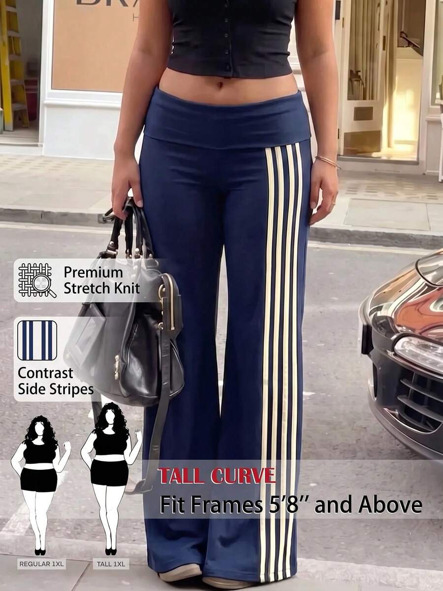 SHEIN Tall CURVE Plus Size Colorblock Striped Waistband Pants - Navy Blue - View 1
