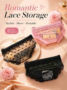 Cute Lace See Through Toiletry Bag Travel Makeup Storage Pouch For Eyeliner Brushes Lipstick Skincare Headphones - Multicolor - View 6
