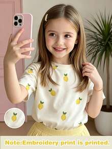 Elladie kids Girls' Casual Lemon Graphic Print Short Sleeve T-Shirt, Comfortable Daily Wear For Spring, Summer And Autumn - Multicolor - View 3