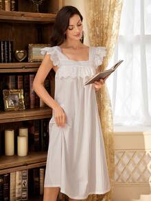 SHEIN Camisola Feminina Branca com Decote Quadrado, Babados Plissados, Laço, Drapeado Fresco, Tecido Tecido Tipo Fibra, Decoração de Babados Multicamadas Estilo Palácio, Casual para Casa e Exterior, Comprimento Médio, Manga Borboleta e Alça Larga - Branco - Visão 5