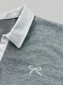INAWLY 女款韓式百搭刺繡拼色長袖運動衫，學院風 - 淺灰色 - 查看 4