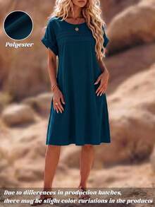 SHEIN LUNE CURVE 大码女式纯色蕾丝镂空无袖连衣裙 - 水鴨藍 - 查看 3