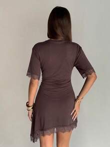 Aloruh Women's Elegant Round Neck Asymmetrical Hem Lace Patchwork Waist-Cinching Short Sleeve Mini Dress - Coffee Brown - View 3