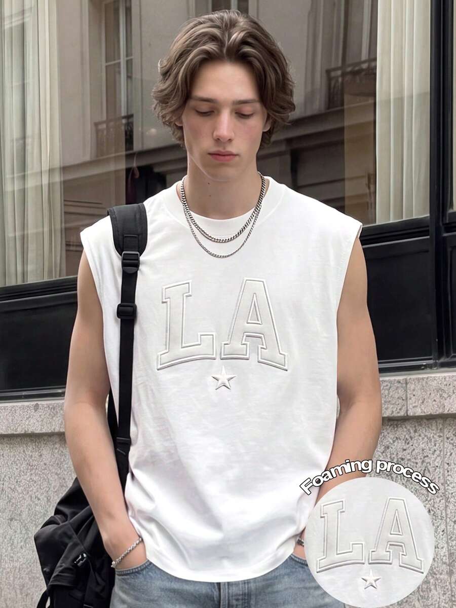 Manfinity Dauomo 男士簡約休閒無袖背心,字母LA,泡棉印花,夏季背心 - 白色 - 查看 1