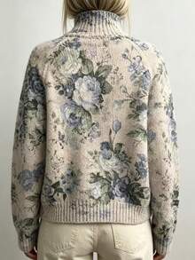 SHEIN Soft Watercolor Rose Print Knit Sweater, Light Blue Floral High Neck Loose Drop Shoulder Slimming Pullover - Apricot - View 2