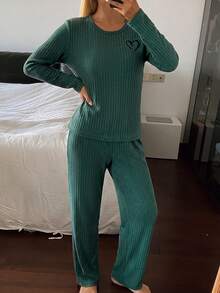 Women Cotton Heart Embroidery Detail Long Slseve Shirts&Pants Homewear Pajama Lounge Set - Green - View 3