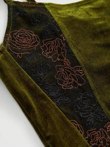 ROMWE Hippie Green Velvet Lace-Up Hollow Waist Lace Embroidered Women's Top - Green - View 4