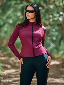 Voyena Women's Plus Size Minimalist Zipper Long Sleeve Sports Jacket Fall - Burgundy - View 4
