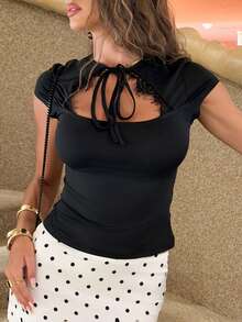 Sindi Myftari American Chic Black Knit Patchwork Lace Trim Collar Crew Neck Cap Sleeve Regular Fit T-Shirt, Suitable For Spring And Summer Casual - Black - View 6