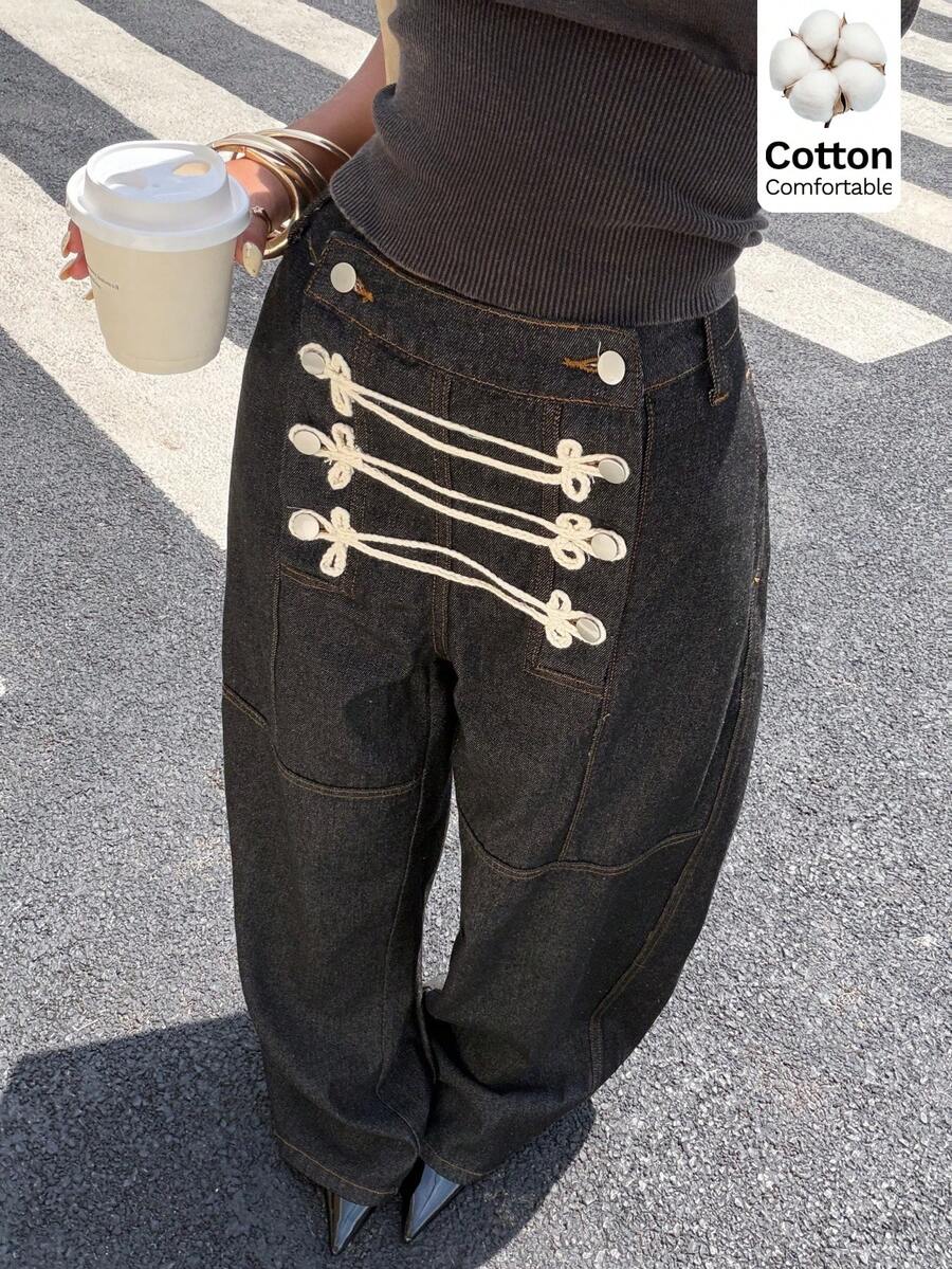 Muchica Black High Waist Wide‑Leg Jeans Women Y2K Button‑Up Decor Loose Contrast Stitching Cotton Denim Pants Fall Going‑Out Concert Outfits Cotton - Black - View 1