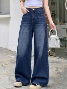 DAZY Women's Fashion Versatile Button Pocket Wide Leg Denim Jeans - Blue - View 5