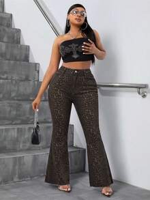 Slaydiva Plus Size Fashion Leopard Print Flare Jeans - Multicolor - View 6