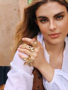 Nocturel 1/4pcs Vintage Fashion Exaggerated Metallic Geometric Wavy Crinkle Faux Pearl Rings, Unique Sweet Punk - Yellow Gold - View 2