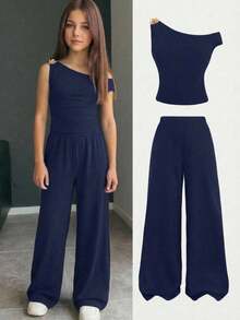 Firerie Kids Firerie Kids Tween Girls' Rose Decor Ruched Asymmetrical Shoulder T-Shirt & Matching Solid Color Leggings Set, Navy Blue - Navy Blue - View 1