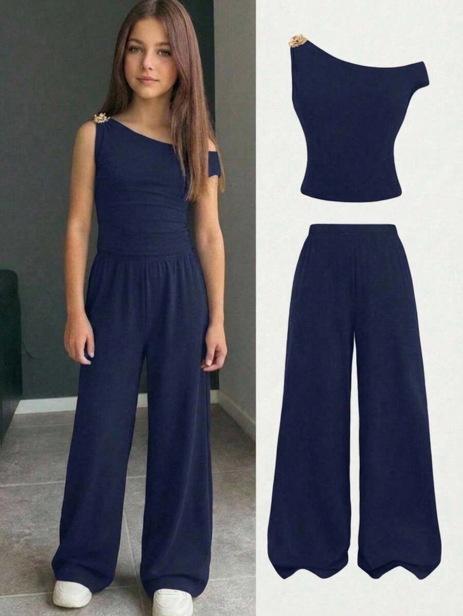 Firerie Kids Firerie Kids Tween Girls' Rose Decor Ruched Asymmetrical Shoulder T-Shirt & Matching Solid Color Leggings Set, Navy Blue - Navy Blue - View 1