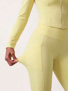 Zivah Women's Sportswear Set Zipper Long Sleeve Jacket & Long Pant With Pockets Gym Workout Activewear Outfit For Autumn Winter - Yellow - View 5