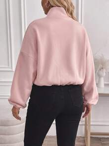 SHEIN Tall CURVE Plus Size Minimalist Zipper Long Sleeve Pocket Drawstring Sweatshirt - Baby Pink - View 9
