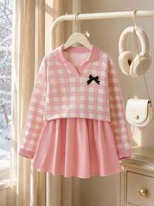 Set Sweater Anak Perempuan Remaja dengan Pita 3D, Motif Jacquard Kotak-kotak, Kerah Rajut Lipat, Leher V dengan Trim Bergelombang, Lengan Panjang, Pakaian Kembali ke Sekolah untuk Anak Perempuan Musim Gugur/Dingin - Berwarna merah muda - View 8