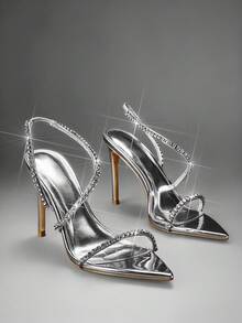 SHUZIA Women's Metallic PU Sexy Point Toe Rhinestone Back Strap Stiletto Heel Sandals - Silver - View 6