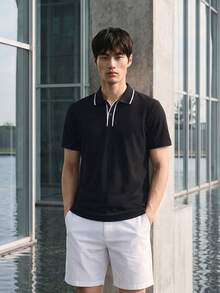 TekDrob 防臭 Polo 衫，標準版型，條紋羅紋細節 - 黑色 - 查看 5
