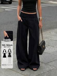 SHEIN PETITE Women's Casual Versatile Solid Color Wide Leg Long Pants Work Office Black Autumn - Black - View 4