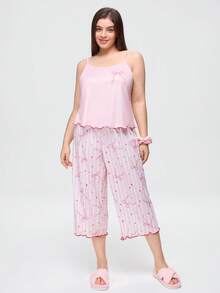 Bonmuse Women's New Summer Spaghetti Strap 3/4 Pants, Light Pink Bow Print Plus Size Loungewear - Baby Pink - View 1