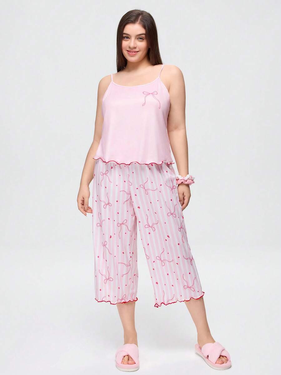 Bonmuse Women's New Summer Spaghetti Strap 3/4 Pants, Light Pink Bow Print Plus Size Loungewear - Baby Pink - View 1