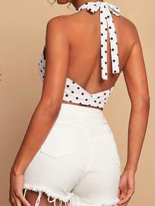 Travachic Women's Polka Dot Pleated Casual Versatile Daily Wear Halter Neck Top - White - View 2