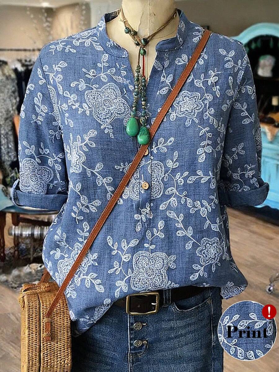 Linhara Blus Lengan 3/4 Motif Cetak Ukuran Besar, Kasual Elegan untuk Komuter, Musim Semi, Musim Panas, Musim Gugur - Biru - View 1
