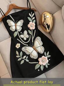 Resyla Women's Faux Pearl Decorated Floral Butterfly Embroidery Pattern Casual Party Spaghetti Strap Dress - Multicolor - View 3