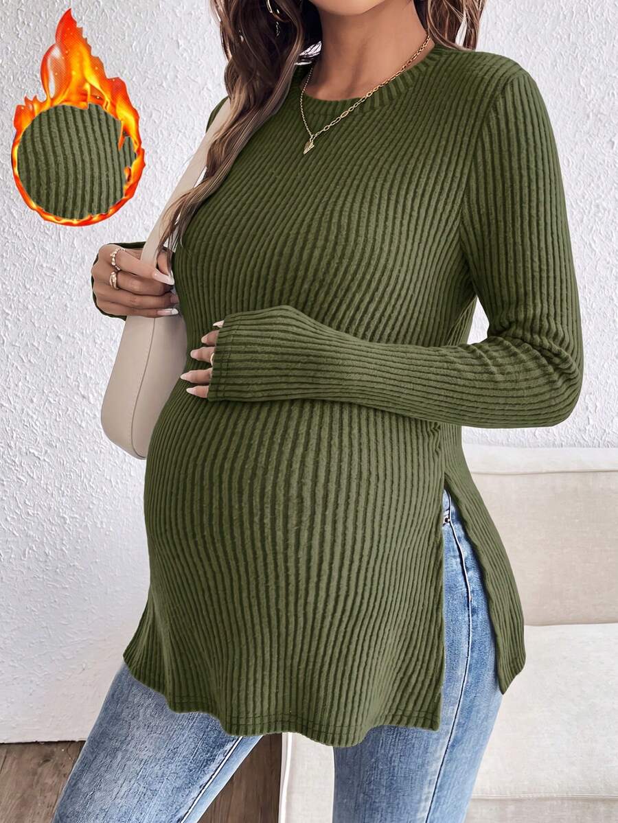 SHEIN Maternity Simple Versatile Long Sleeve Split Hem T-Shirt Fall - Army Green - View 1